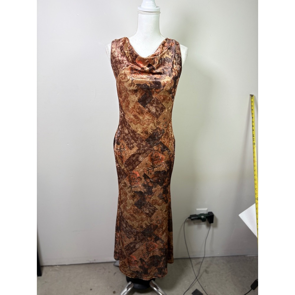 Cider Women Brown Floral Patchwork Cowl Neck Open Back Maxi Dress Size M Camel